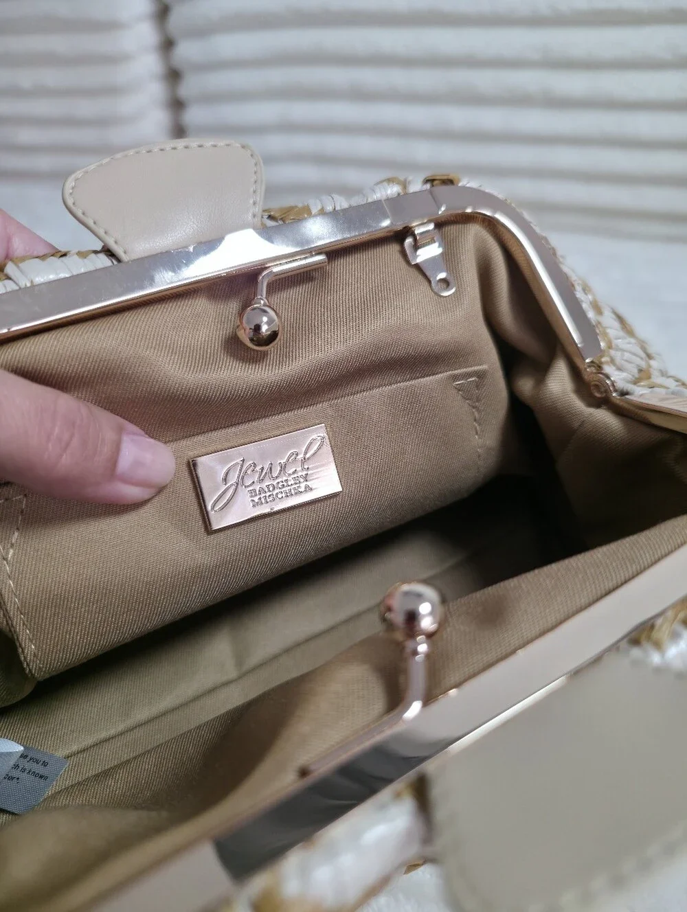 Badgley Mischka Jewel Tiger Raffia Pouch Clutch, One Size, Tan, Missing Chain